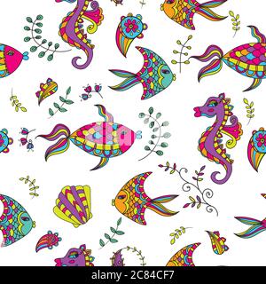 Sammlung von Doodle Meer und Meeresmustern. Stock Vektor