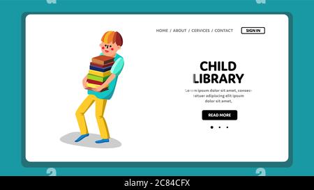 Kind Bibliothek Junge Mit Haufen Von Büchern Vektor Stock Vektor