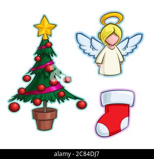 Vektor Cartoon Icon Set aus einem Weihnachtsbaum, einem kleinen Engel und einem roten Strumpf. Illustrationen Linien, Farbe, Schatten und Lichter übersichtlich in klar definierten Stock Vektor