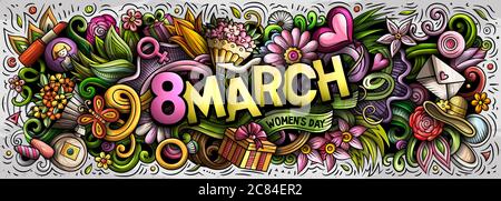 8 März handgezeichnete Cartoon-Kritzeleien Illustration. Farbenfrohes Vektorbanner Stock Vektor