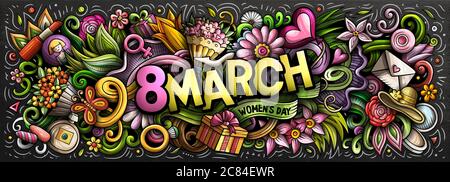8 März handgezeichnete Cartoon-Kritzeleien Illustration. Farbenfrohes Vektorbanner Stock Vektor