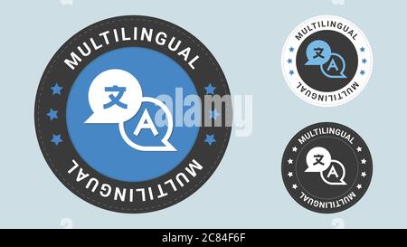 Mehrsprachig. Set von Abzeichen, Ikonen, Briefmarken. Symbol für Vektorzertifikat für Sprachübersetzung. Vektor-Kombination für flache Stil Zertifikat. Stock Vektor