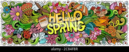 Hallo Frühling handgezeichnete Cartoon-Kritzeleien Illustration. Farbenfrohes Vektorbanner Stock Vektor