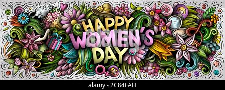 Happy Womens Day handgezeichnete Cartoon Kritzeleien Illustration. Stock Vektor