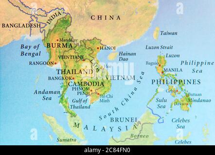 Geographische Karte von Burma, Thailand, Kambodscha, Vietnam und Philippinen mit wichtigen Städten Stockfoto