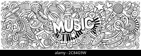 Musik handgezeichnete Cartoon-Kritzeleien Illustration. Farbenfrohes Vektorbanner Stock Vektor
