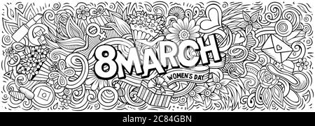 8 März handgezeichnete Cartoon-Kritzeleien Illustration. Farbenfrohes Vektorbanner Stock Vektor