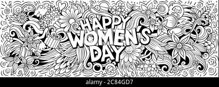 Happy Womens Day handgezeichnete Cartoon Kritzeleien Illustration. Stock Vektor