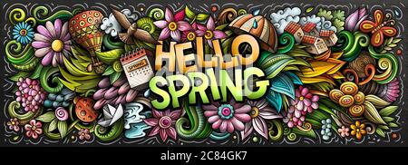 Hallo Frühling handgezeichnete Cartoon-Kritzeleien Illustration. Farbenfrohes Vektorbanner Stock Vektor
