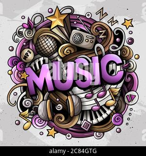 Cartoon niedlichen Kritzeleien Musik Wort. Farbenfrohe Illustration Stock Vektor