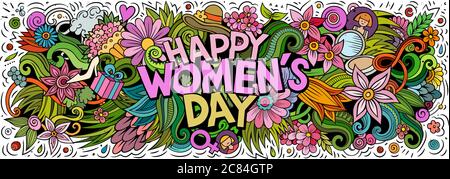 Happy Womens Day handgezeichnete Cartoon Kritzeleien Illustration. Stock Vektor