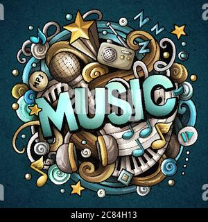 Cartoon niedlichen Kritzeleien Musik Wort. Farbenfrohe Illustration Stock Vektor