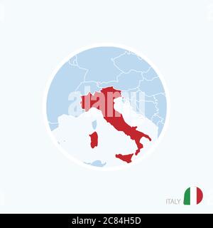 Kartensymbol von Italien. Blaue Karte von Europa mit Italien in rot hervorgehoben. Vektorgrafik. Stock Vektor