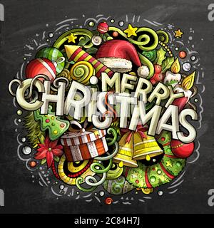 Frohe Weihnachten handgezeichnete Kritzeleien Kreidetafel Illustration. Stock Vektor