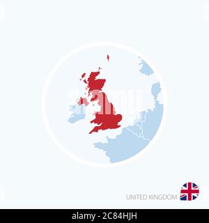 Kartensymbol von Großbritannien. Blaue Karte von Europa mit hervorgehobener Farbe Großbritannien in rot. Vektorgrafik. Stock Vektor