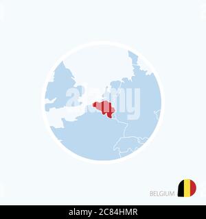 Kartensymbol von Belgien. Blaue Karte von Europa mit Belgien in roter Farbe hervorgehoben. Vektorgrafik. Stock Vektor