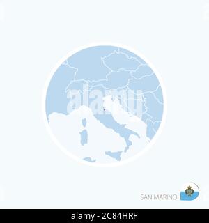 Karte Symbol von San Marino. Blaue Karte von Europa mit San Marino in roter Farbe hervorgehoben. Vektorgrafik. Stock Vektor