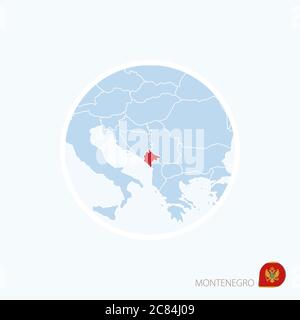 Karte Symbol von Montenegro. Blaue Karte von Europa mit Montenegro in roter Farbe hervorgehoben. Vektorgrafik. Stock Vektor