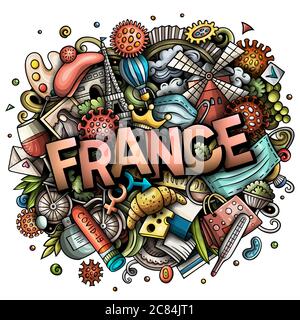Frankreich handgezeichnete Cartoon-Kritzeleien Illustration. Coronavirus Cartoon-Design. Stock Vektor