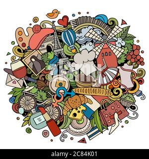 Frankreich handgezeichnete Cartoon-Kritzeleien Illustration. Witziges Reisedesign. Stock Vektor