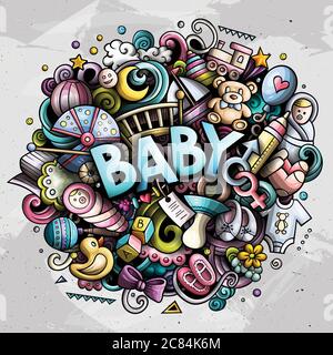 Baby Hand gezeichnet Cartoon Doodles Illustration. Kreative Kunst Vektor Hintergrund. Stock Vektor