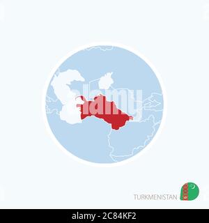 Kartensymbol von Turkmenistan. Blaue Karte von Asien mit Turkmenistan in roter Farbe hervorgehoben. Vektorgrafik. Stock Vektor