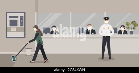 Bankbüro während der Epidemie des Virus. Mitarbeiter in schützenden medizinischen Masken dienen Kunden. Halle mit Geldautomat oder Geldautomat, Schalter, Wachmann Stock Vektor