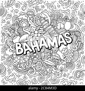 Bahamas handgezeichnete Cartoon-Kritzeleien Illustration. Witziges Reisedesign. Stock Vektor