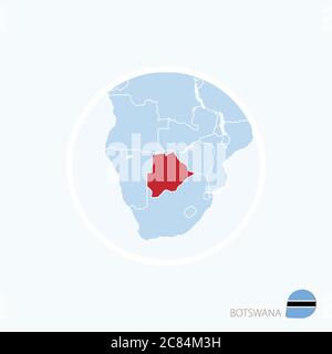 Kartensymbol von Botswana. Blaue Karte von Afrika mit rot unterlegten Botswana-Farben. Vektorgrafik. Stock Vektor