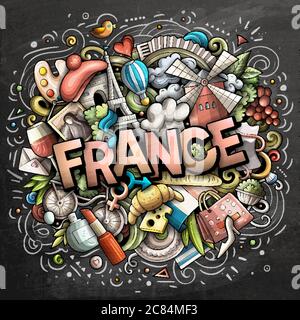 Frankreich handgezeichnete Cartoon-Kritzeleien Illustration. Witziges Reisedesign. Stock Vektor