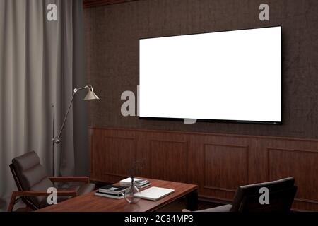 Glühender Fernseher in der Nacht Mockup in klassischer Dekoration Wohnzimmer. Seitenansicht. Beschneidungspfad um den Bildschirm Stockfoto