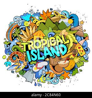 Tropisches Paradies handgezeichnete Cartoon-Kritzeleien Illustration. Witziges Saisondesign Stock Vektor