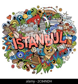 Istanbul handgezeichnete Cartoon-Kritzeleien Illustration. Witziges Reisedesign. Stock Vektor