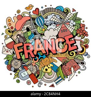 Frankreich handgezeichnete Cartoon-Kritzeleien Illustration. Witziges Reisedesign. Stock Vektor