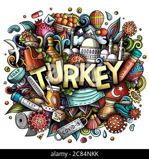 Türkei handgezeichnete Cartoon Kritzeleien Illustration. Coronavirus Cartoon-Design. Stock Vektor