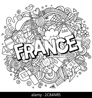 Frankreich handgezeichnete Cartoon-Kritzeleien Illustration. Witziges Reisedesign. Stock Vektor