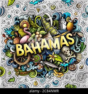 Bahamas handgezeichnete Cartoon-Kritzeleien Illustration. Witziges Reisedesign. Stock Vektor