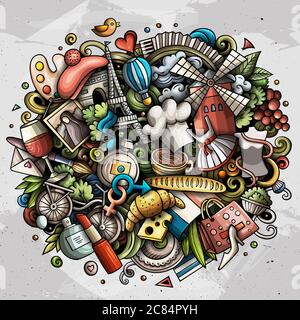 Frankreich handgezeichnete Cartoon-Kritzeleien Illustration. Witziges Reisedesign. Stock Vektor