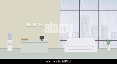 Administrator-Arbeitsplatz im Hotel oder bei der Bank. Die Einrichtung eines modernen Rezeptionstresen im Wartezimmer oder in der Lobby des Geschäftsbüros mit Blick auf die Innenstadt Stock Vektor