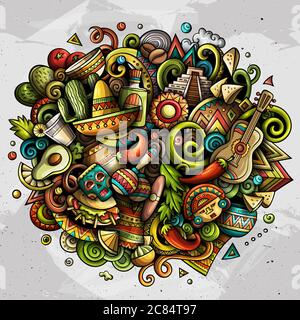 Mexiko handgezeichnete Cartoon-Kritzeleien Illustration. Witziges Design. Stock Vektor