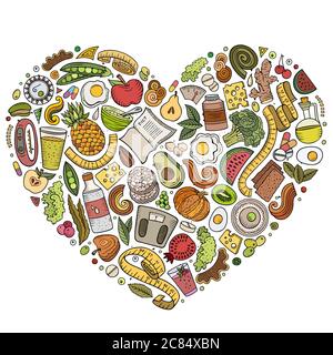 Set von Vektor-Cartoon Doodle Diät Lebensmittel-Objekte in einem Herzen gesammelt Stock Vektor