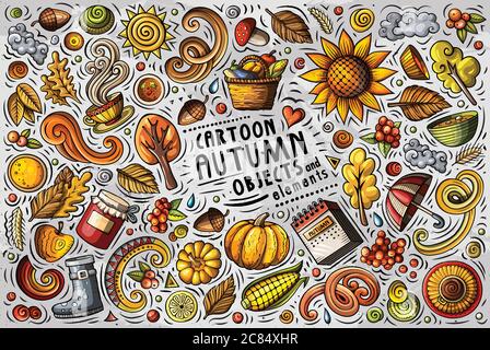 Vektor Doodle Cartoon Set von Herbst-Elemente, Objekte und Symbole Stock Vektor