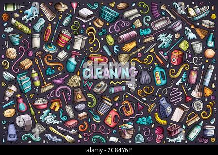 Bunte Vektor Doodle Cartoon Satz von Reinigungsobjekten und Symbolen Stock Vektor