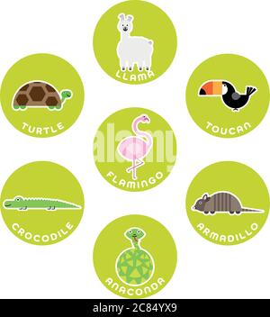 Südamerikanische Wildtiersammlung. Set von 7 Comic-Figuren im Kreis mit Namensschildern. Vektorgrafik. Stock Vektor