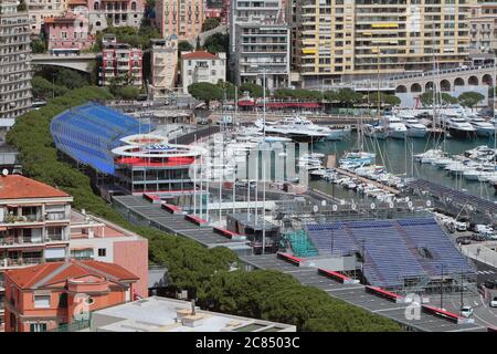 Monte Carlo, Monaco - 19. Apr 2019: Stadt und Stände auf der Rennstrecke 'F1' Stockfoto