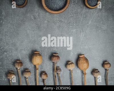 Trockene Mohnköpfe und Mohn in Holzschüsseln auf Marmorboden. Overhead-Aufnahme mit Kopierplatz. Stockfoto