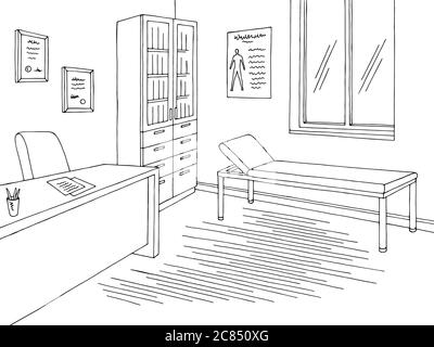 Doktor Büro Grafik schwarz weiß Innenraum Skizze Illustration Vektor Stock Vektor