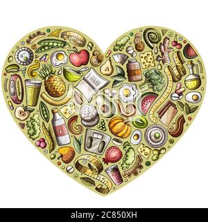 Set von Vektor-Cartoon Doodle Diät Lebensmittel-Objekte in einem Herzen gesammelt Stock Vektor