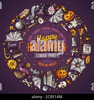 Runde Rahmen Halloween Cartoon-Objekte, Symbole und Artikel Stock Vektor