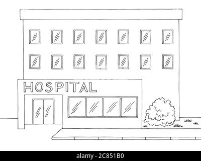 Krankenhaus Gebäude Vorderansicht Grafik schwarz weiß Skizze Illustration Vektor Stock Vektor